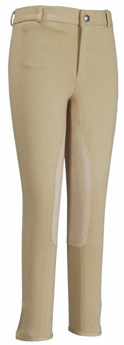 Beige TuffRider Children's Cotton Full Seat Breeches with reinforced inner leg grip, ideal for equestrian use.