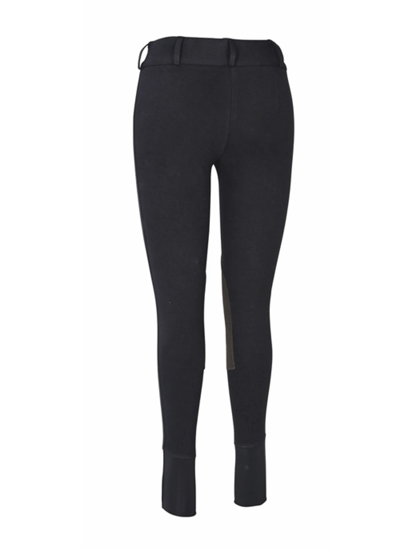 TuffRider Ladies Cotton Lowrise Wide Waistband Knee Patch Breeches in black, rear view with stirrup foot straps