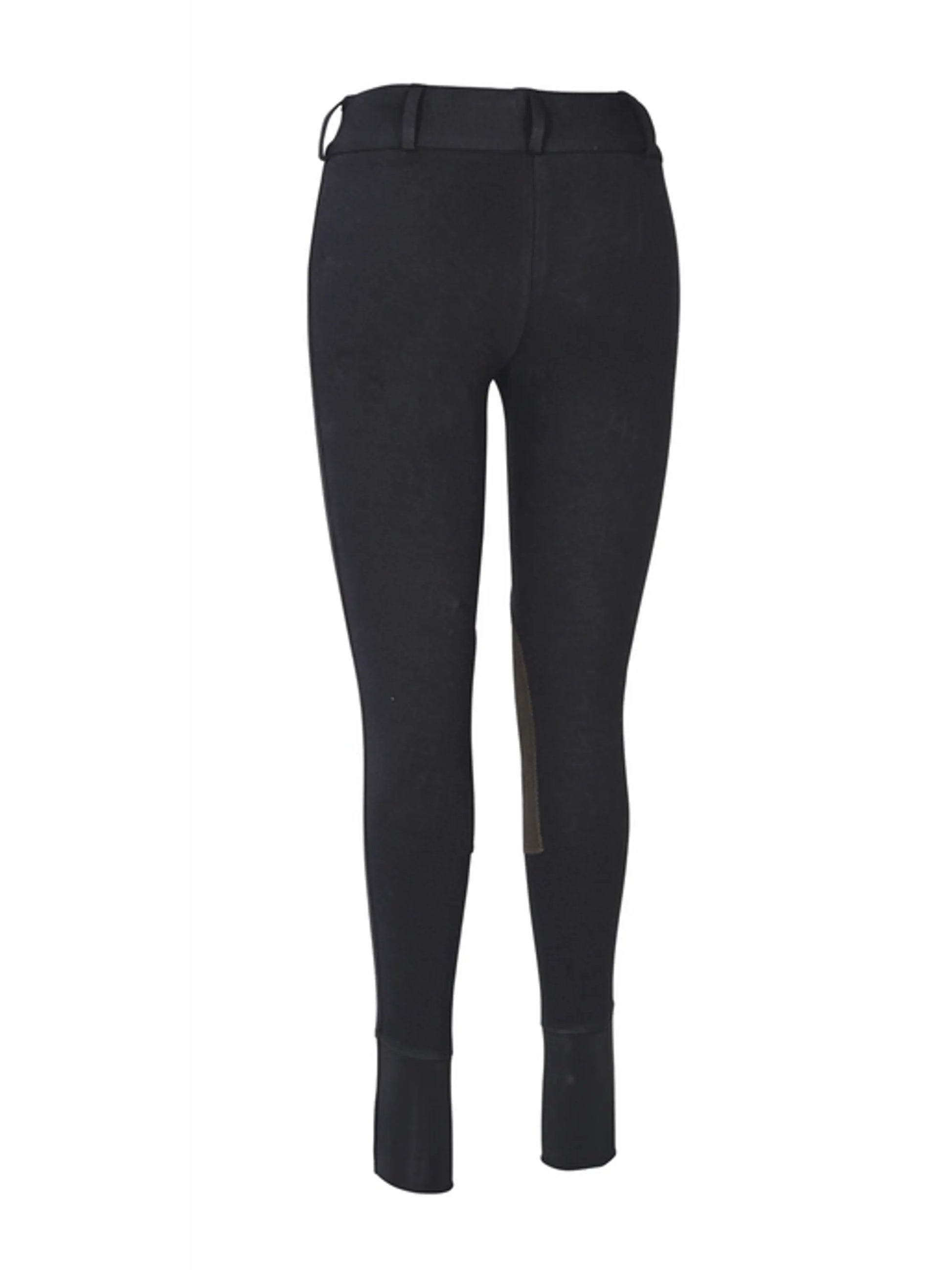 TuffRider Ladies Cotton Lowrise Wide Waistband Knee Patch Breeches in black, rear view with stirrup foot straps