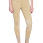 TuffRider Ladies Cotton Lowrise Wide Waistband Knee Patch Breeches in tan with contrast knee patches and ankle cuffs modeled from front view