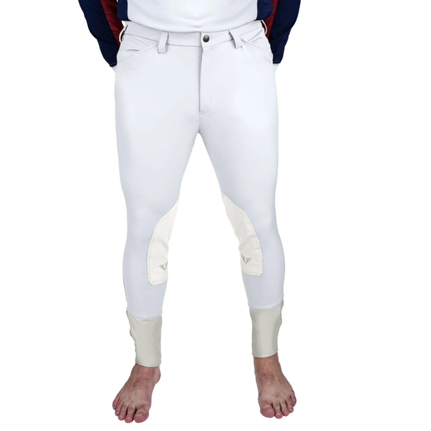 TuffRider Men's Claudio Knee Patch Breeches in white with reinforced knee patches, shown on model without footwear.
