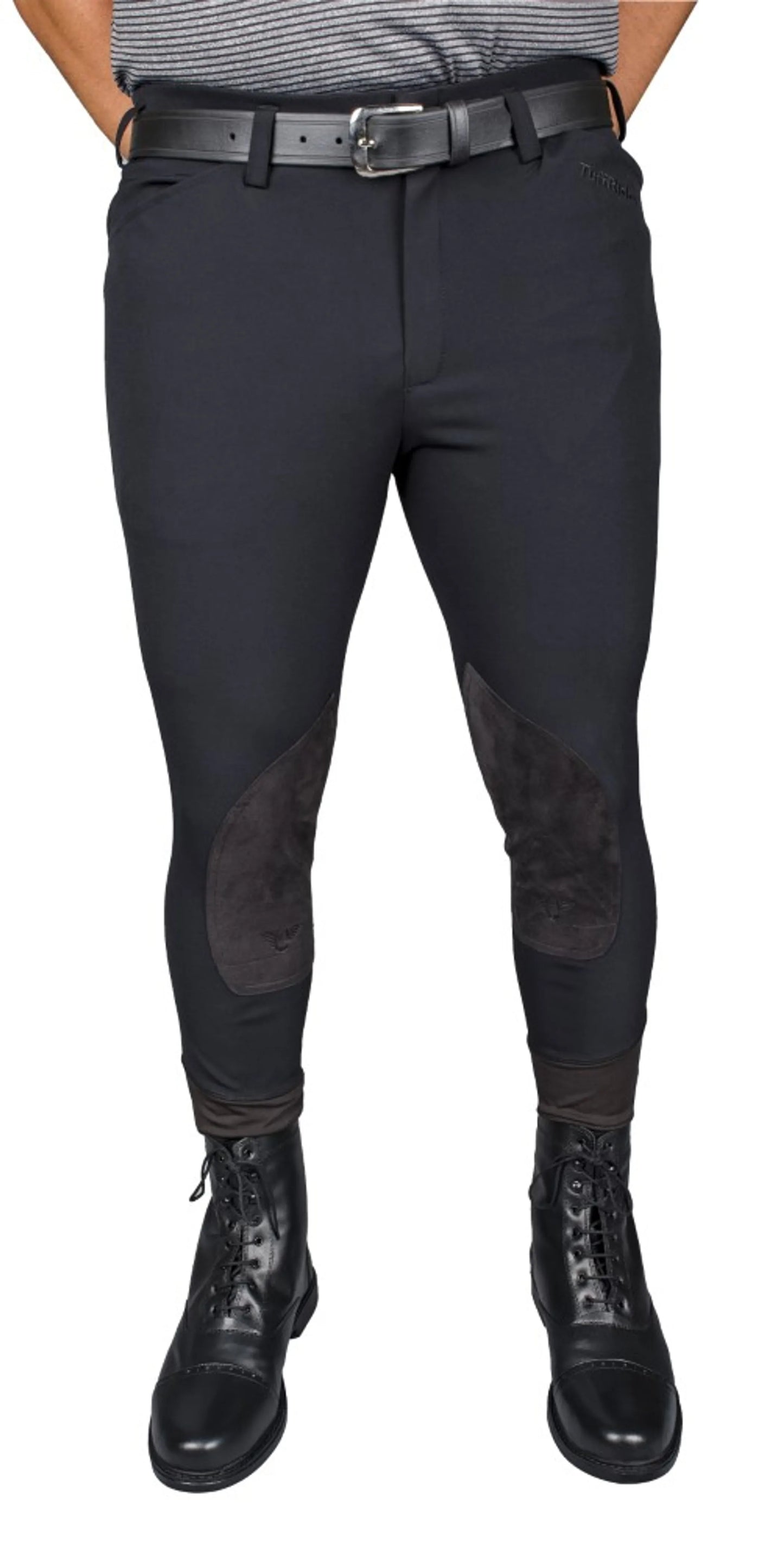 TuffRider Men's Claudio Knee Patch Breeches shown in black with suede knee patches and paired with black riding boots.