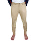 TuffRider Men's Claudio Knee Patch Breeches in beige with reinforced knee patches shown on a standing model.