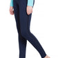 Model wearing navy TuffRider Ladies Ventilated Schooling Tights with breathable mesh panels and logo detail