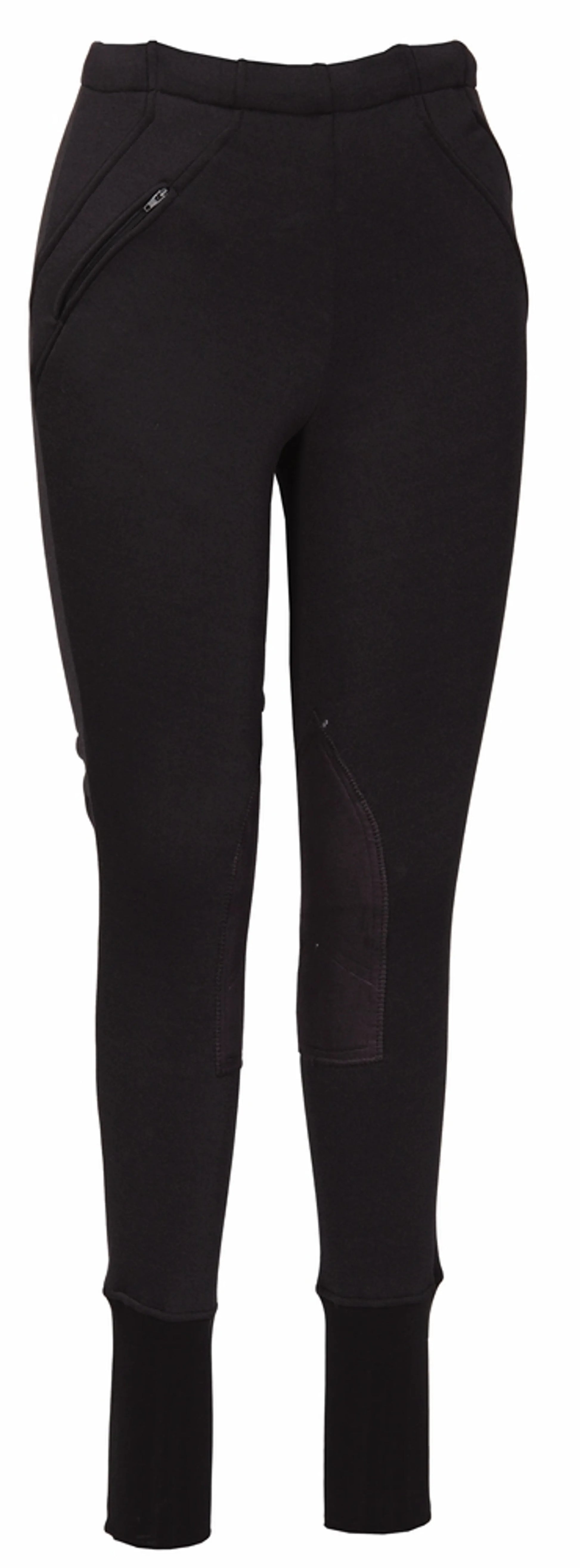 TuffRider Ladies Unifleece Pull-On Winter Breeches in black with zippered pockets and knee patch for equestrian use