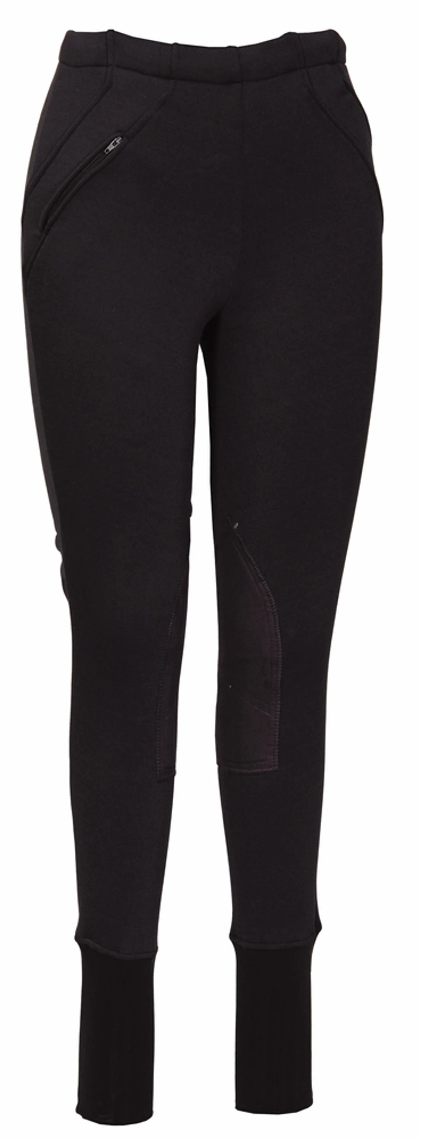 TuffRider Ladies Unifleece Pull-On Winter Breeches in black with zippered pocket and knit cuffs for equestrian use