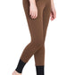 Model wearing TuffRider Ladies Unifleece Pull-On Winter Breeches in brown with black ankle panels.