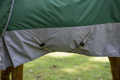 TuffRider Bonum 1200D Medium Weight Detachable Neck Two Tone Turnout Blanket With 200gms of fill horse blanket edge and straps close-up