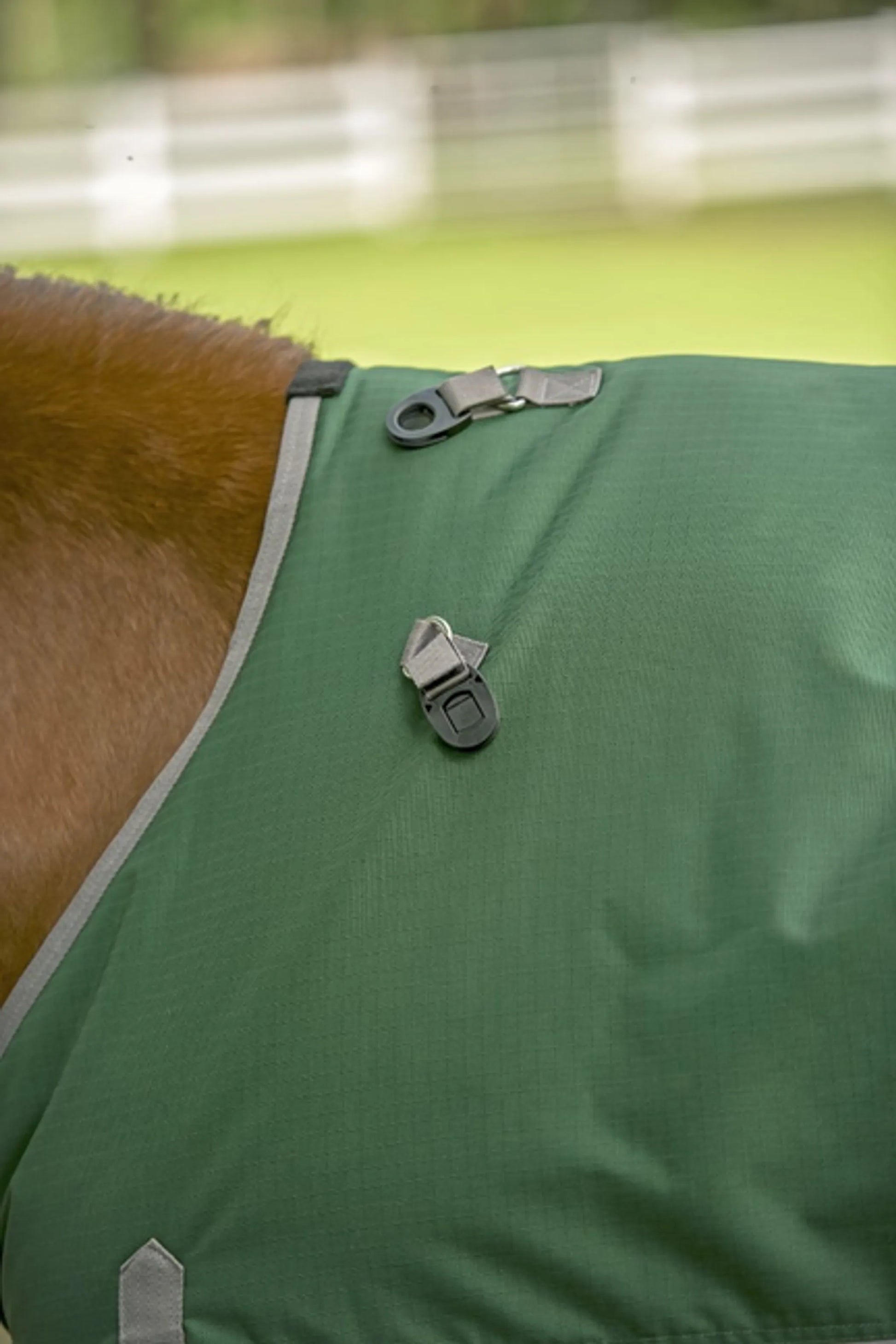 TuffRider Bonum 1200D Medium Weight Detachable Neck Two Tone Turnout Blanket With 200gms of fill on horse outdoors close-up