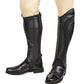 TuffRider Men's Derby Half Chaps in black leather worn over tan riding pants with equestrian boots