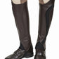 TuffRider Ladies Derby Leather Half Chaps in dark brown worn over riding boots with beige riding pants
