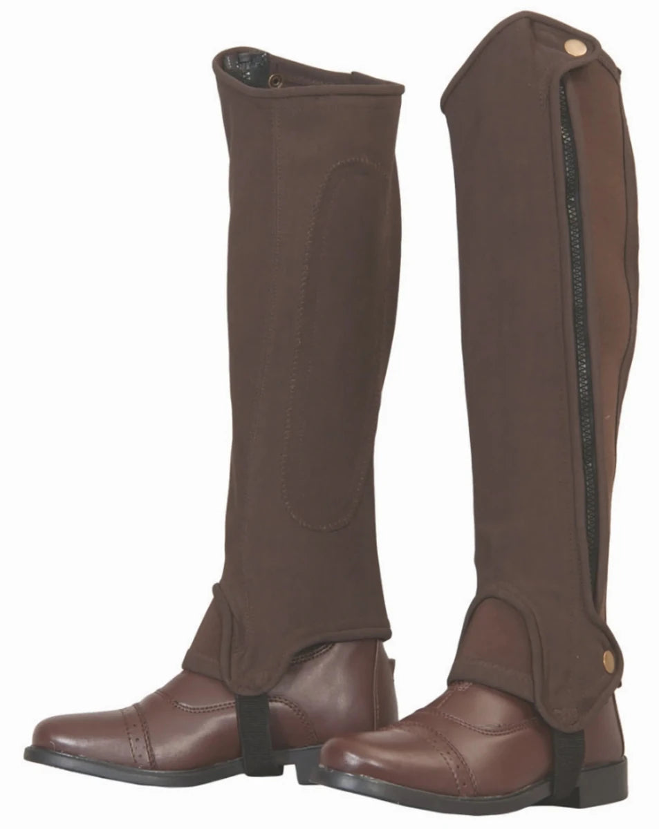 TuffRider Adult Grippy Nubuck Half Chaps in brown with zipper closure and elastic stirrup for secure fit over riding boots.