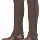 TuffRider Adult Grippy Nubuck Half Chaps in dark brown with zipper closure, worn over riding boots for equestrian use