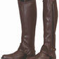 TuffRider Adult Grippy Grain Half Chaps in brown leather designed for equestrian use with zipper and snap closure details