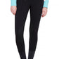 Woman wearing black TuffRider Ladies Ribb Lowrise Wide Waistband Knee Patch Breeches with zip pocket front