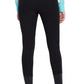 Back view of a person wearing TuffRider Ladies Ribb Lowrise Wide Waistband Knee Patch Breeches in black, barefoot.