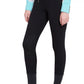 TuffRider Ladies Ribb Lowrise Wide Waistband Knee Patch Breeches in black modeled barefoot with light blue top
