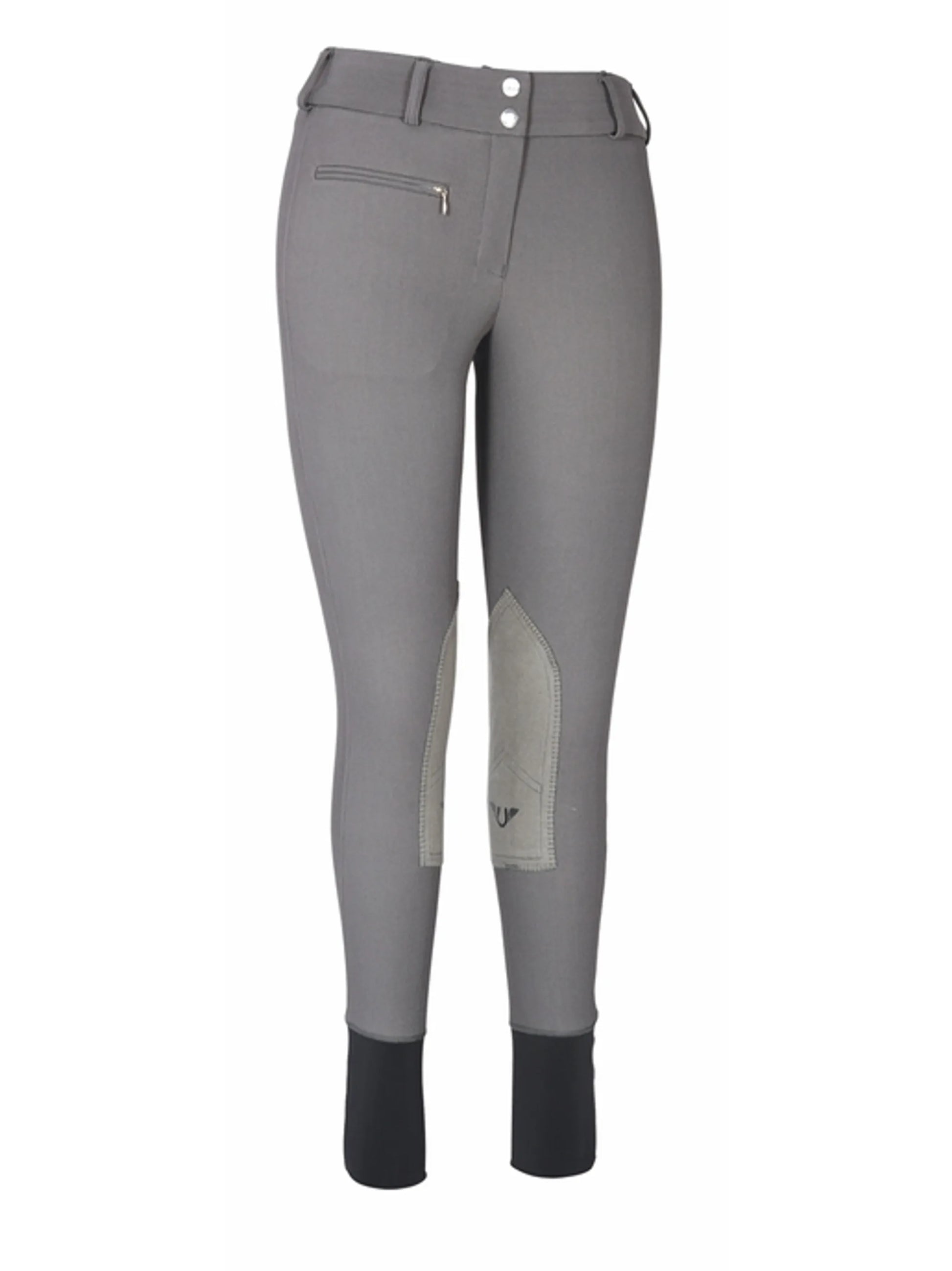TuffRider Ladies Ribb Lowrise Wide Waistband Knee Patch Breeches in gray with zip pocket and black ankle panels