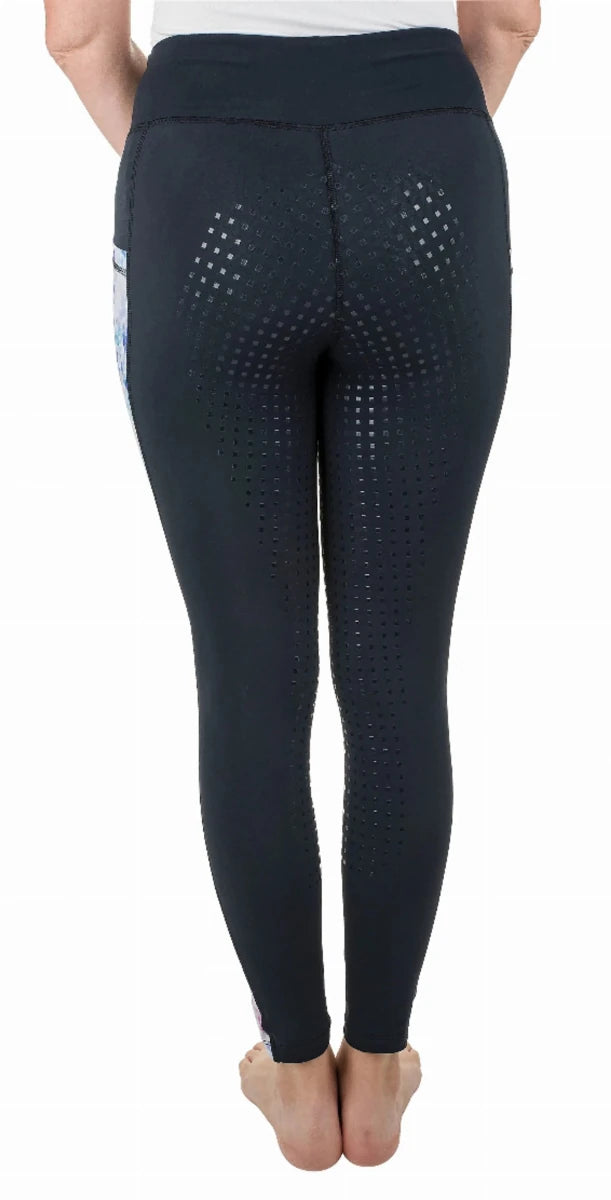 Rear view of TuffRider Ladies Minerva 3 Season Printed Full Seat Tights with grip pattern and high waist design