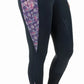 TuffRider Ladies Minerva 3 Season Printed Full Seat Tights in black with purple floral side pockets and gripped full seat design