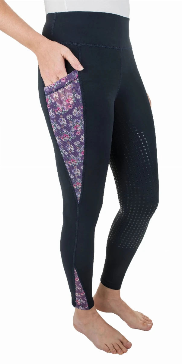TuffRider Ladies Minerva 3 Season Printed Full Seat Tights in black with floral side panels and textured full seat grips.
