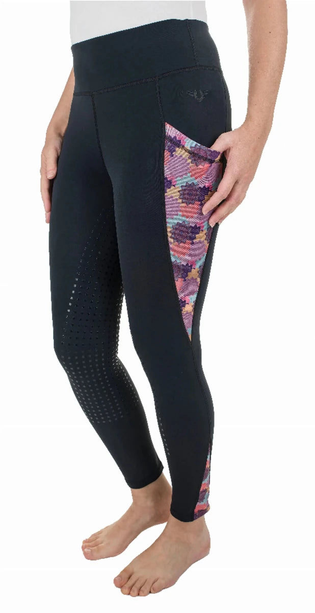 TuffRider Ladies Minerva 3 Season Printed Full Seat Tights in black with floral side panel and silicone full seat grip details