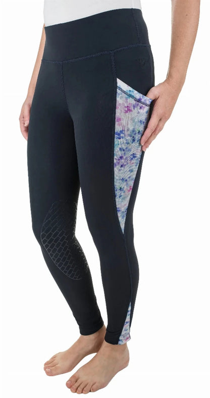 TuffRider Ladies Minerva 3 Season Printed Knee Patch Tights in black with floral side panels and textured knee patches