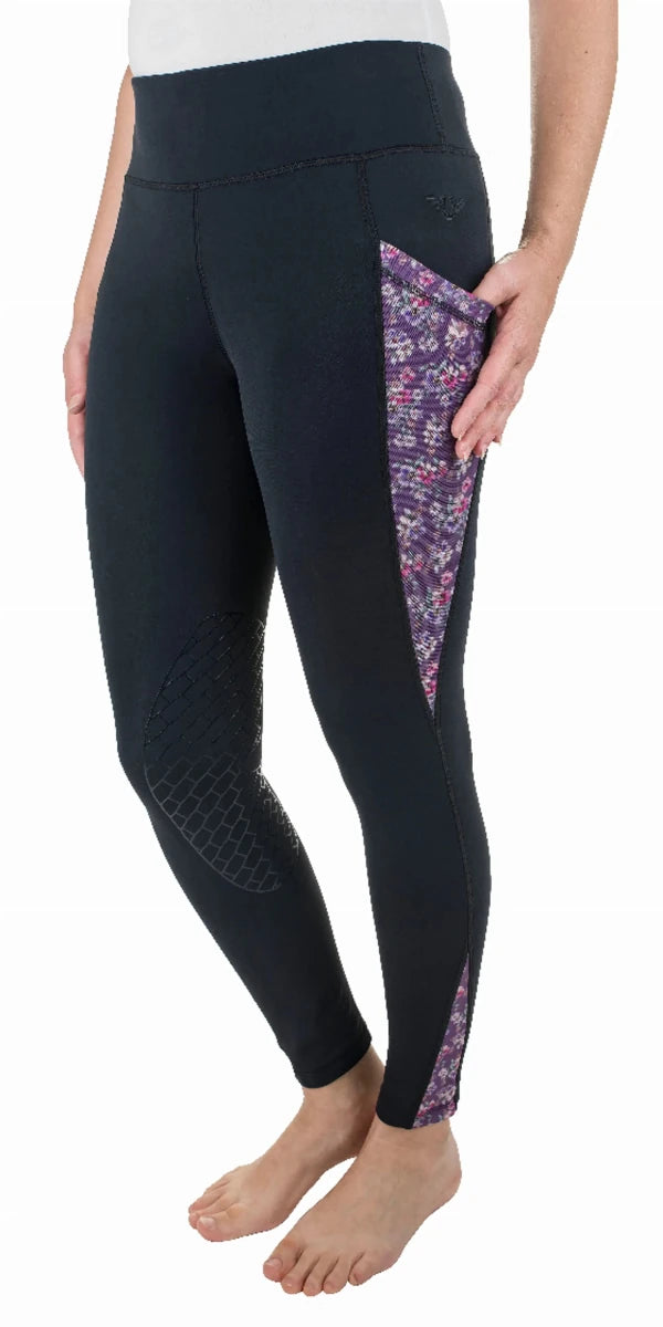 TuffRider Ladies Minerva 3 Season Printed Knee Patch Tights in black with purple floral side panels and grip knee patches