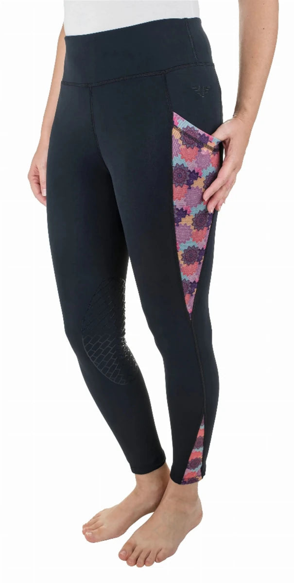 TuffRider Ladies Minerva 3 Season Printed Knee Patch Tights with floral side panels and textured knee patches.