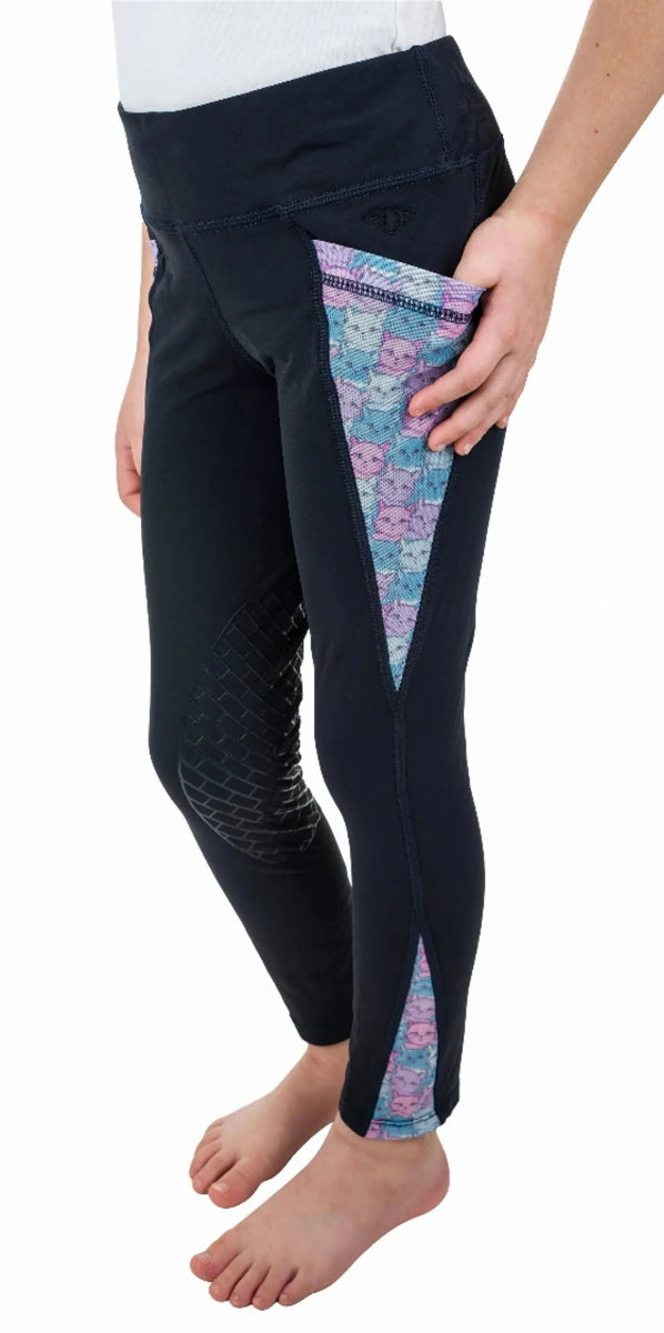 TuffRider Kids Minerva 3 Season Printed Knee Patch Tights in black with colorful side panels and textured knee patches.