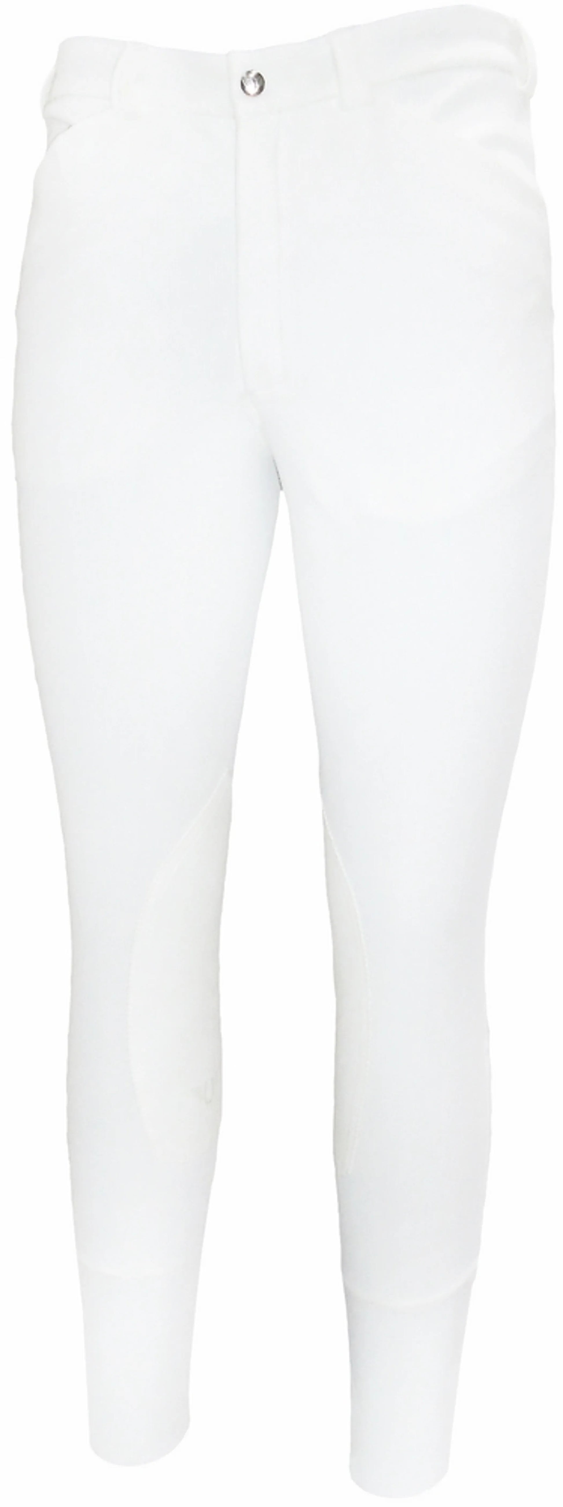White equestrian riding pants with knee patches, TuffRider Men's Ribb Patrol Knee Patch Breeches style.