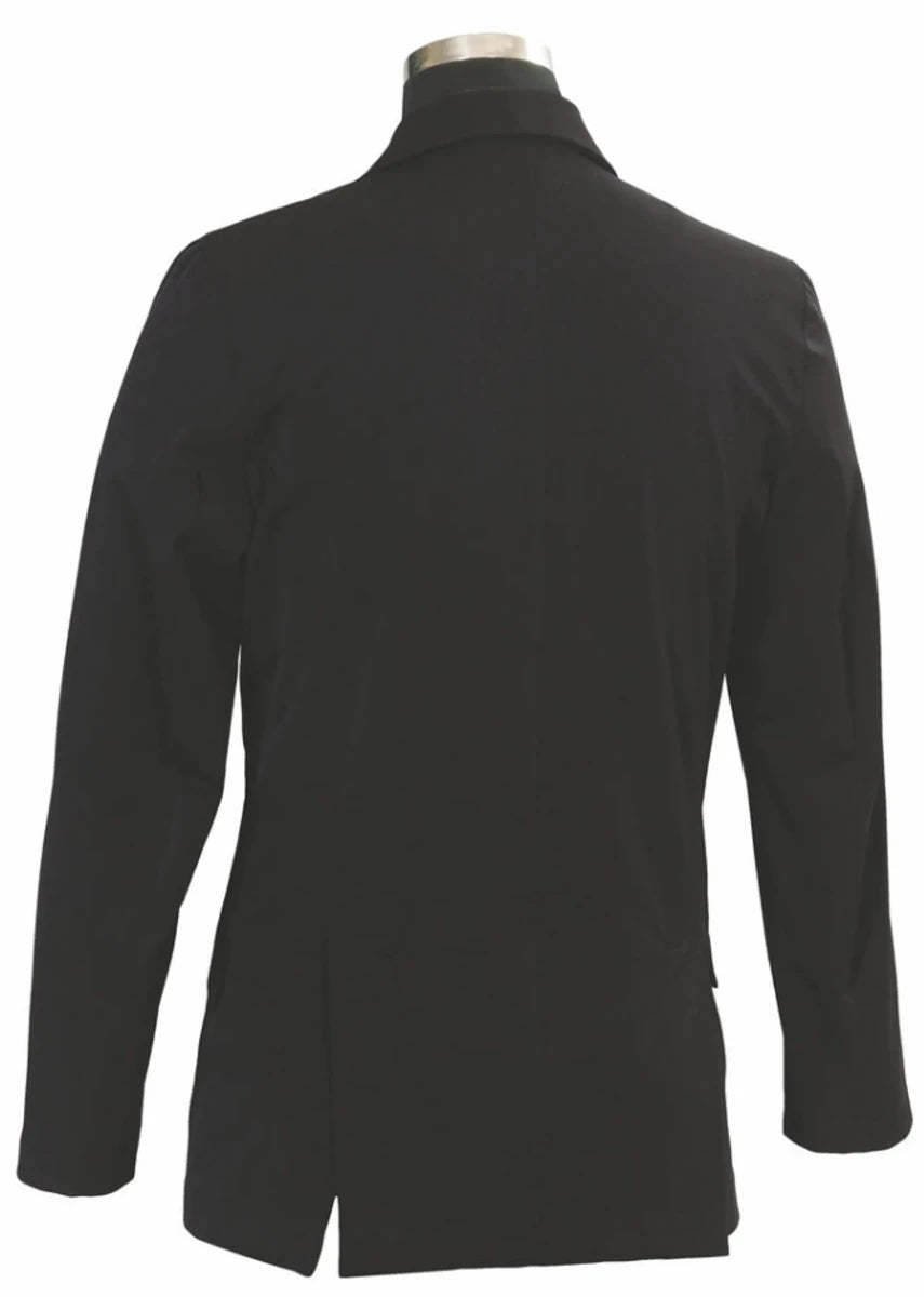 Back view of a black TuffRider Men's Raleigh Show Coat on a mannequin against a white background