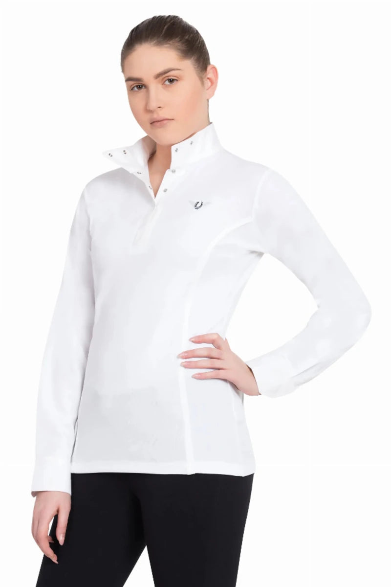 Woman wearing white Women's Long Sleeve Show Shirt - Quick-Dry Moisture-Wicking Equestrian Competition Shirt with black pants