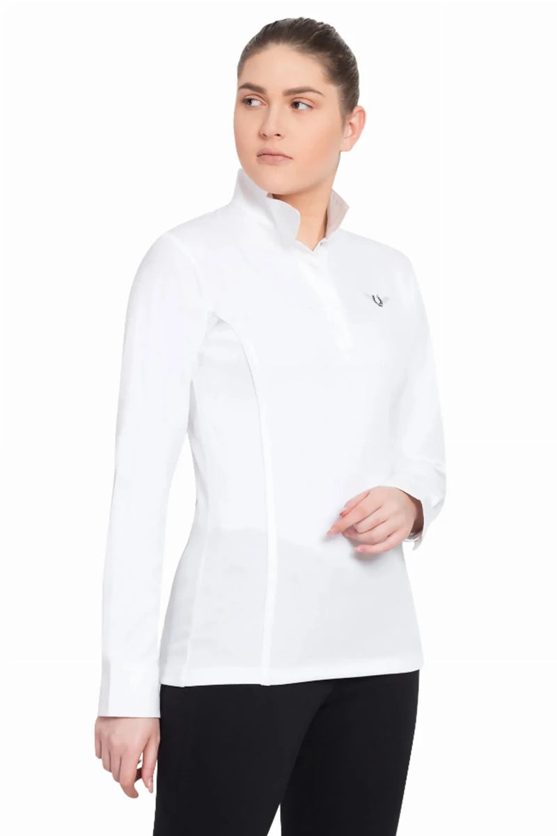 Model wearing a white Women's Long Sleeve Show Shirt - Quick-Dry Moisture-Wicking Equestrian Competition Shirt