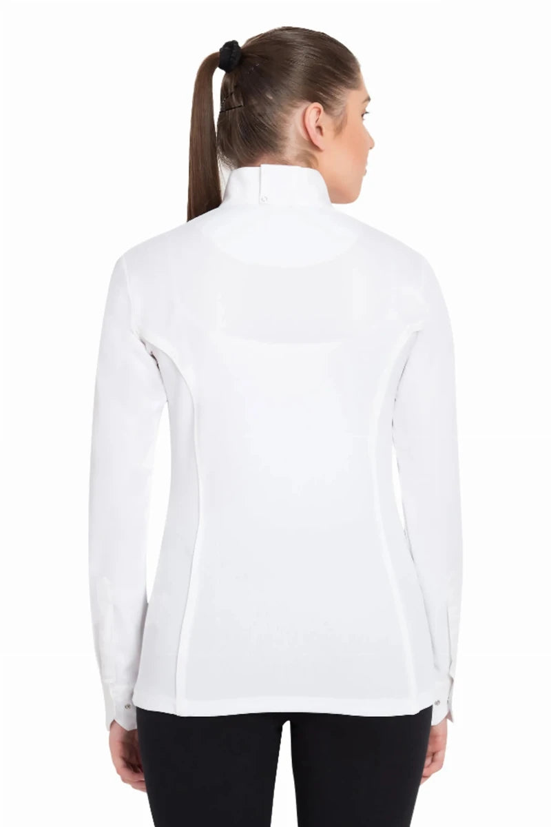 Woman wearing white Women's Long Sleeve Show Shirt - Quick-Dry Moisture-Wicking Equestrian Competition Shirt viewed from the back