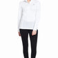 Model wearing Women's Long Sleeve Show Shirt - Quick-Dry Moisture-Wicking Equestrian Competition Shirt in white and black pants.