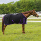 Horse wearing black and purple Tuffrider Kozy Komfort Stable Sheet standing in green pasture near white fence