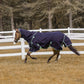 Horse wearing a navy blue TuffRider 4-in-1 Waterproof All Season Blanket in a fenced pasture with trees in background