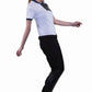 Woman wearing Women's Knee Patch Riding Breeches - Premium Modal Fabric Equestrian Pants paired with a white polo shirt and black boots