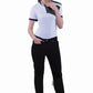 Woman wearing Women's Knee Patch Riding Breeches - Premium Modal Fabric Equestrian Pants with black riding boots and white polo shirt.