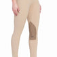 Model wearing Women's Knee Patch Riding Breeches - Premium Modal Fabric Equestrian Pants in beige with brown knee patch.