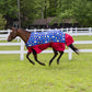 Horse running in grassy paddock wearing Tuffrider 1200D Ripstop Medium Weight Western Print Two Tone Turnout Blanket- 220gms
