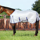 Brown horse wearing a white TuffRider Power Mesh Fly Sheet with blue straps in a grassy paddock area