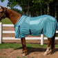 Horse wearing light blue TuffRider Power Mesh Fly Sheet - Sea Angel - 69 standing outdoors by white fence