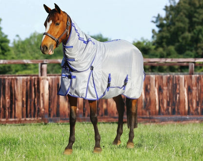 Horse wearing Waterproof Horse Fly Sheet - Power Mesh Fly Protection with Built-In Insect Repellent in a grassy paddock.