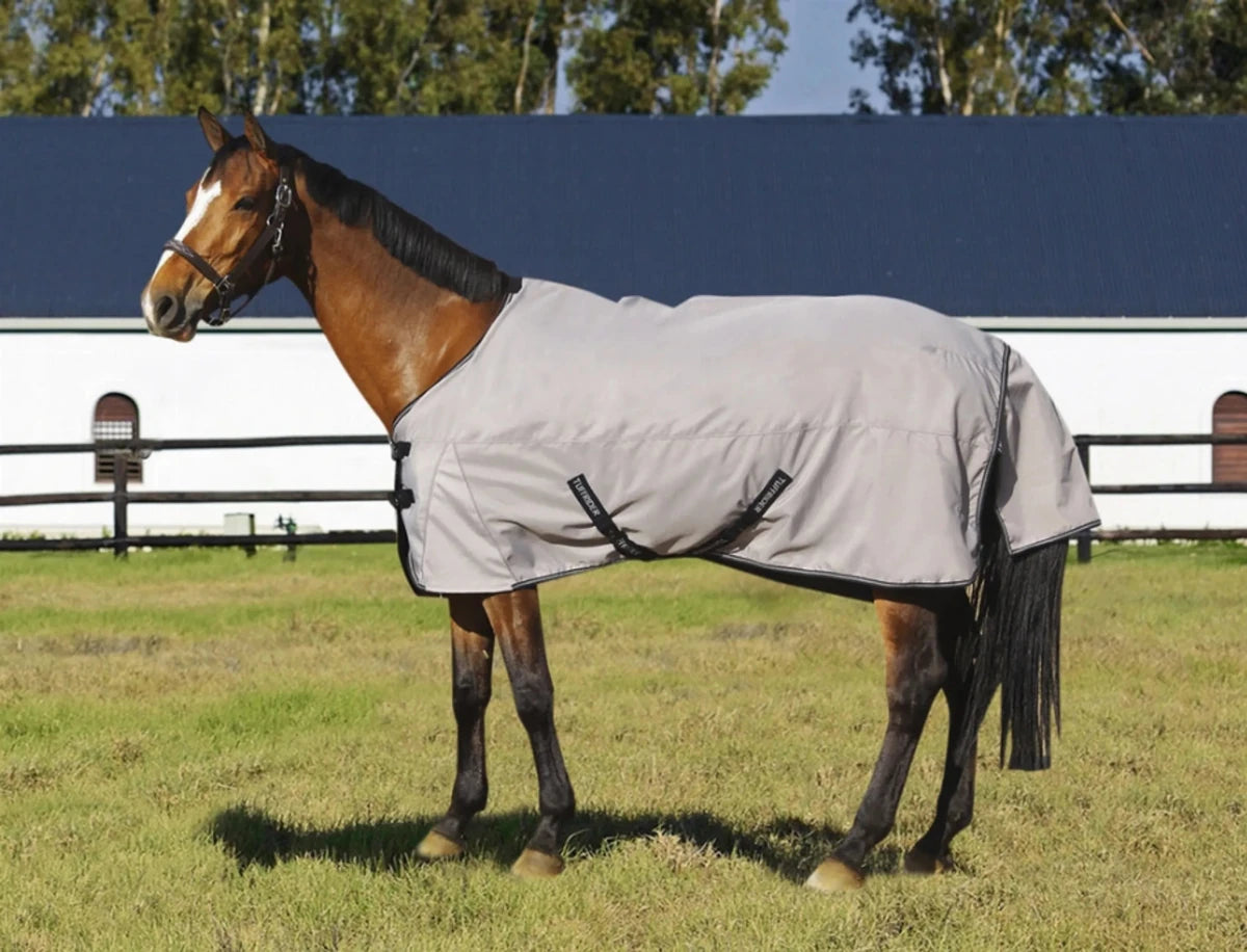 Brown horse wearing a Waterproof Horse Turnout Sheet - 1200D Ripstop with Coolmax Moisture-Wicking Lining outdoors