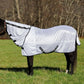 Black horse wearing a silver TuffRider Comfy Mesh Combo Neck Fly Sheet standing on green grass field