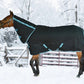 Horse wearing Horse Turnout Blanket - TuffRider Bonum 1200D Ripstop Heavy Weight 360g Combo Neck Winter Blanket in snowy outdoor setting
