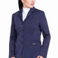 Woman wearing a navy TuffRider Ladies Starter Long Show Coat styled for equestrian use with beige riding pants