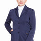 Woman wearing navy TuffRider Ladies Starter Long Show Coat standing against white background